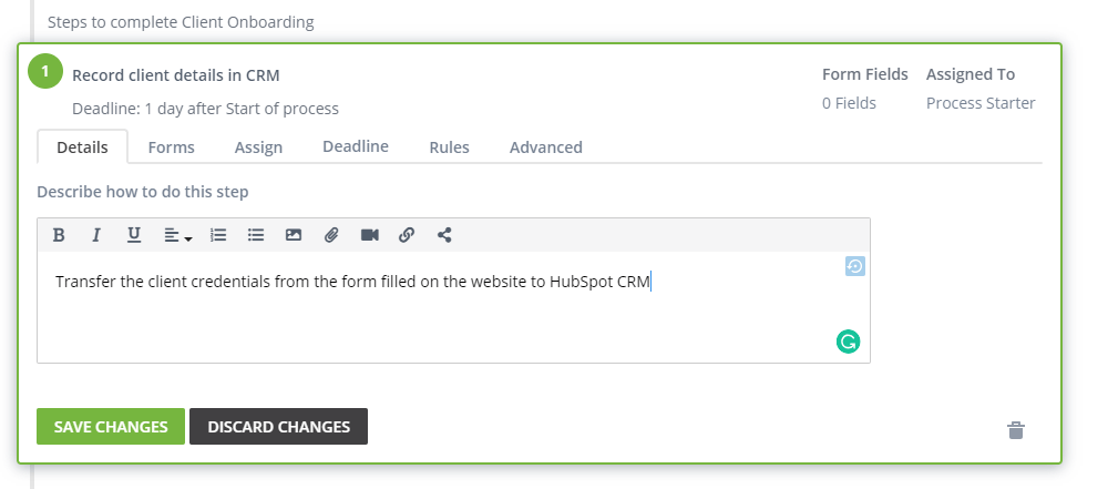 fill in workflow step details